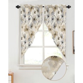 YOKOU Swag Curtain Valances, Flower Watercolor Brown Gray Floral Spring Summer Rod Pocket Short Window Swag Topper Curtains for Kitchen Bedroom Bathroom, 2 Panel, 36"x63"