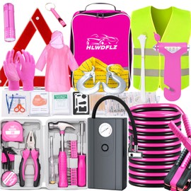HLWDFLZ Car Roadside Emergency Kit, Vehicle Truck Safety Emergency Road Side Assistance Kits with Jumper Cables, Auto Air Compressor Tire Inflator, Pink