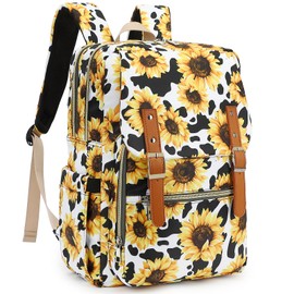 Cow Print Sunflower Laptop Backpack for Women Girls School Work Business Travel Computer Backpacks College Bookbag Fit 15.6 Inch Notebook