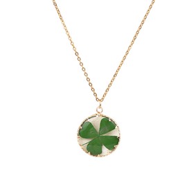 OIDIMS Green Four-Leaf Clover Choker Necklace For Women 14k Gold Plated Boho Dried Flower Round Glass Pendant Layered Chain Good Lucky Plant Irish St. Patrick's Day Charm Jewelry Gifts For Her Wife