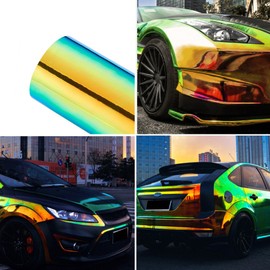 Holographic Laser Metallic Orange Green Car Vinyl Wrap Chameleon Chrome Self Adhesive Vinyl Wrap Multi Color Change DIY Car Body Film, 53.14'' x 62.99''