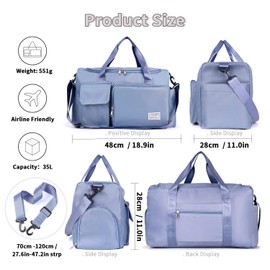 FIORETTO Women's Water-Resistant Gym Duffle Bag with Shoes Compartment, 37L Capacity, Multi-Functional, Ideal for Travel, Gym, Sports, Duffel, Weekender, Blue, Dry and Wet Separated