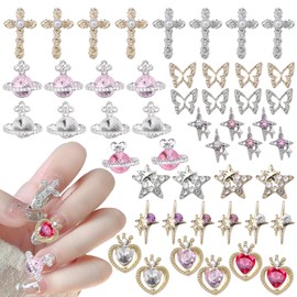48 Pcs Heart Nail Gems, Silver Heart Star Planet Nail Gems Charms Cross Butterfly Nail Art Charms, Gold Silver Heart Star Nail Charms for Acrylic Nails Women DIY Nail Charms