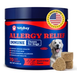 YoYoBay Dog Allergy Relief Chews – 70 Soft Chews, Duck & Pear Flavor - Immune Support & Itch Relief with Colostrum, Astragalus Root, 6-Strain Gut Health Blend