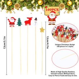 TSLBW 100 Pieces Christmas Cocktail Sticks, Christmas Tree Snowman Elk Cocktail Sticks, Christmas Cocktail Picks, Christmas Cocktail Fruit Stick Picks, for Xmas Party Supplies Favors