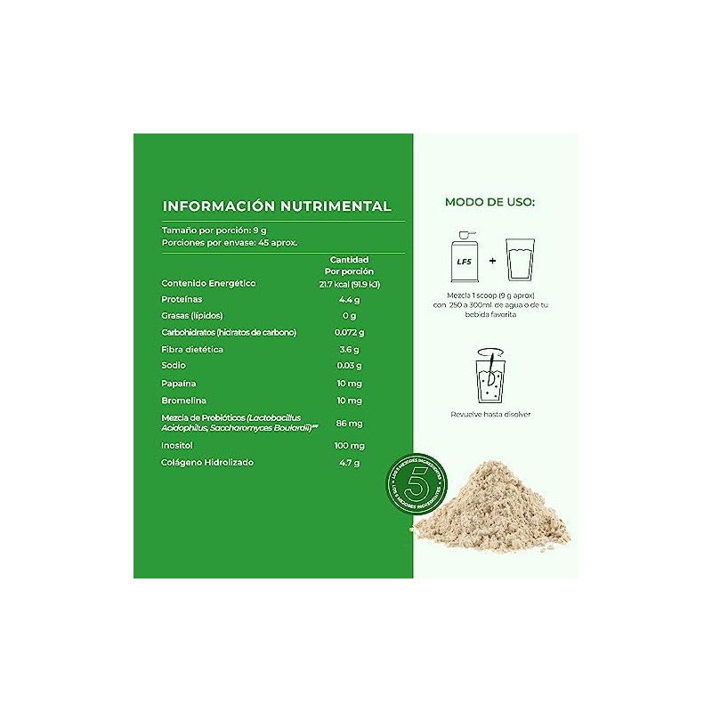 LIFEED5 Colágeno Hidrolizado en Polvo con Probióticos 50 Billones 405g