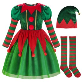 ReliBeauty Elf Costume for Kids Santa Little Helper Kids Christmas Elf Dress Suit for Girls 10-12/150