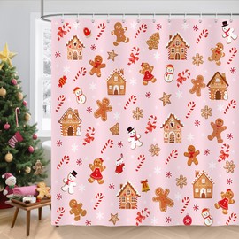 COZZSNUGE Christmas Gingerbread Man Shower Curtain, Pink Snowman Candy Cane House Winter Shower Curtain for Bathroom Waterproof Polyester Fabric with 12 Hooks, 72 x 72 Inches