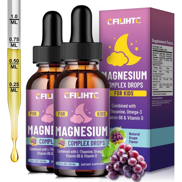Kids Magnesium Liquid Drops-Magnesium Glycinate Liquid for Kids Supplement-w/L-theanine, Omega-3,