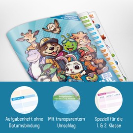 Homework Book Primary School A5 for 1st + 2nd Grade without Date [Rattle Band] with Cover - Task Book + Sticker, Learning and Thinking Games - Sustainable and Climate Friendly