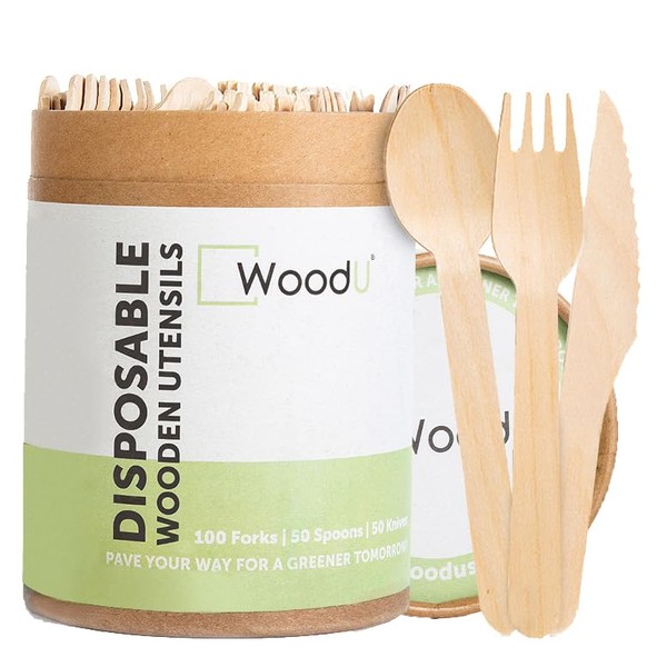 Disposable Wooden Cutlery Set | 100% All-Natural, Eco-Friendly, Biodegradable, and Compostable - Pack of 200-6.5” utensils (100 forks, 50 spoons, 50 knives) by WoodU