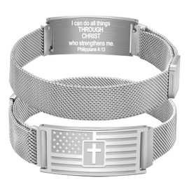Alissl American Flag Cross Bracelets for Men, Engraved Religious Bible Verse Stainless Steel Bracelet Christian Jewelry Gifts, One size fits all, Philippians 4:13C, no gemstone