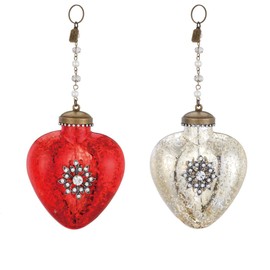 DEMDACO Heart with Flower Gems Red and White 4 x 3 Glass Christmas Ornaments Set of 2