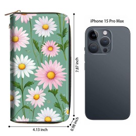 FVAENDHIO Women's Large Capacity Wallet PU Leather Zip Around Clutch Purse Multifunctional Wallet with Removable Wristlet Strap for Smart Phone/Coin/Card/Cash, Daisy Flowers