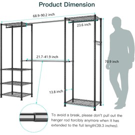 BATHWA Adjustable Heavy Duty Wardrobe Closet Organizer - Expandable Metal Clothing Rack with 4 Hanging Rods, 6 Shelves, and 4 Hangers, Freestanding Closet System 70.9”H x (68.9”-90.2”)L x 14”D, Black