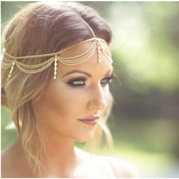 Denifery Gold Rhinestone Wedding Bridal Prom Bohemian Boho Grecian Head Chain Hair Jewelry Head Piece Bollywood Bride Glamorous
