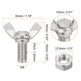 QUARKZMAN Pack of 6 M8-1.25 x 16 mm Wing Screws with 6 Nuts, Butterfly Screws Made of 304 Stainless Steel, Thumb Screws with Wing Screws