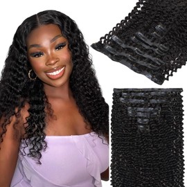 Lashey Clip-In Real Hair Extensions, Kinky Curly, 110 g, 7 Pieces, Seamless Clip-In Hair Extensions, Natural Black, Remy Human Hair, 35 cm (14 Inches)
