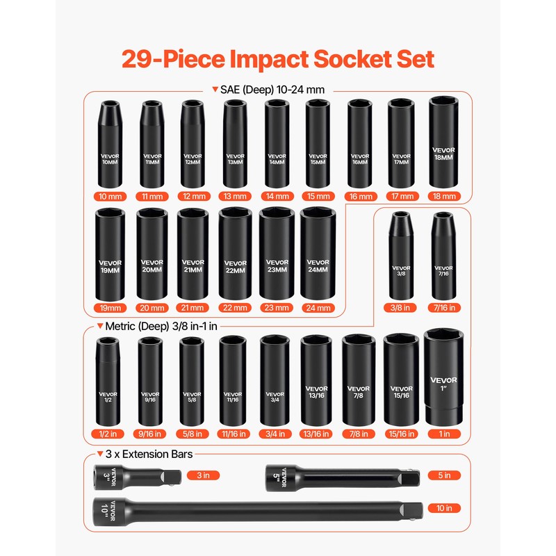 VEVOR 1/2" Drive Impact Socket Set, 29-Piece Deep Sockets Standard