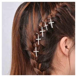 Xduargs Vintage Cross Dreadlocks Hair Rings Tiny Cross Dreadlocks Round Ring Hair Braid Cross Pendant Hair Braid Rings Decorative Headwear Hair Accessories for Women Headdress（Silver 2）