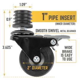 PIPE DECOR Swivel Caster Wheels for 1” Pipe (4-Pack), Casters for Pipe Legs with Locking Mechanism
