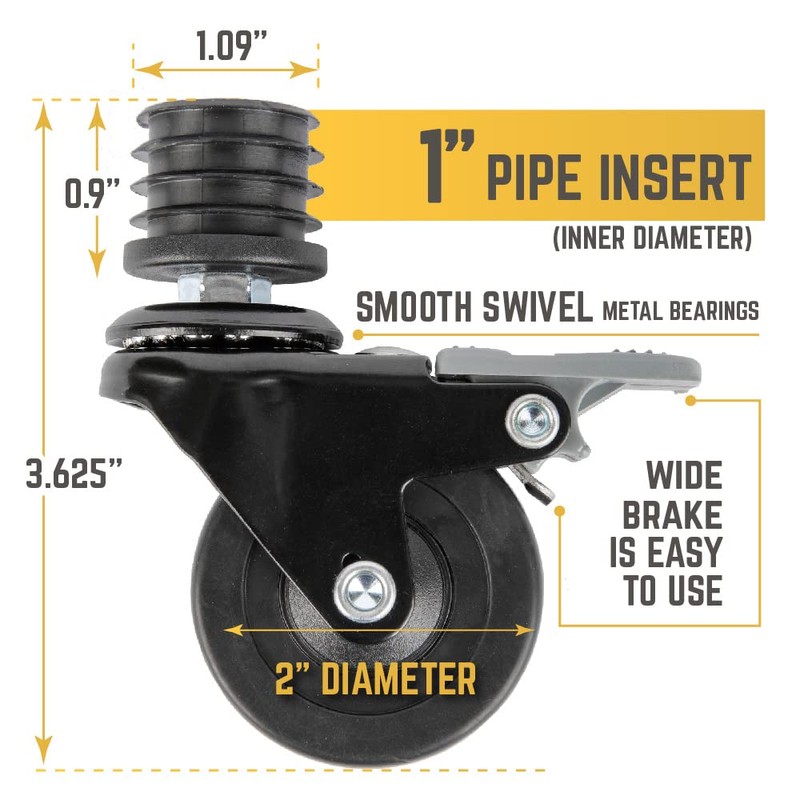 PIPE DECOR Swivel Caster Wheels for 1” Pipe (4-Pack), Casters