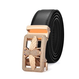 Lyqqine Men's Leather Belt Bee Buckle Cowhide Pants With Ratchet Belt for Men(Black + Gold Buckle)