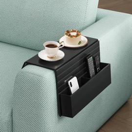 Funkup Sofa Tray Armrest with Drink Holder & Compartments, Foldable Wooden Couch Tray Sofa Shelf, Practical Couch Shelf for Sofa Armrest, Black