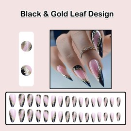 ANDGING Stiletto Press on Nails Black Short Medium Fake Nails with Gold Leaf Design Glue on Nails for Women Girls Acrylic False Nails with Glue Full Cover Gel Stick on Nails for Wedding Birthday AL12