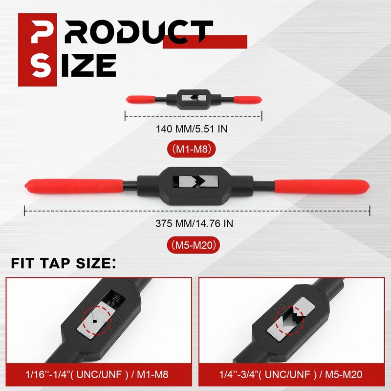 WILLBOND 2 Pcs Adjustable Tap Wrench Handle Tool Ratcheting for