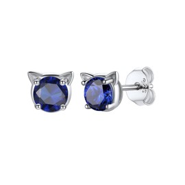 Sapphire Earrings September Birthstone Earrings 925 Sterling Silver 5mm Round Simulated September Birthstone Cat Ear Blue Sapphire Gemstone Stud Earrings for Women Girls Hypoallergenic Earrings for Women