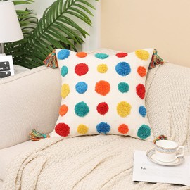 PLWORLD Boho Multicolor Throw Pillow Cover 18x18 Inch with Tassels, Pom Pom Tufted Holiday Decorative Cream Chenille Fabric Accent Textured Cushion Case for Bed Couch, 1 PC Cover Only No Insert