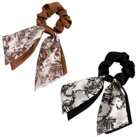 Jseng Knotted Bow Hair Scrunchies - Floral Elastic Hair Scarf Hair Ties Bands Satin Hair Ribbon Scrunchy Ponytail Holder for Women - Elegant Brown and Black