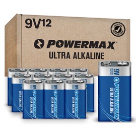 Powermax 12-Count 9V Batteries, Ultra Long Lasting Alkaline Battery, 7-Year Shelf Life, Reclosable Packaging