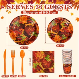 Yungyan 252 Pcs Fall Maple Leaves Plates and Napkins Set Party Decorations Paper Napkins Paper Plates Cups Knives Spoons Forks Party Dinnerware Serves 36 Guests