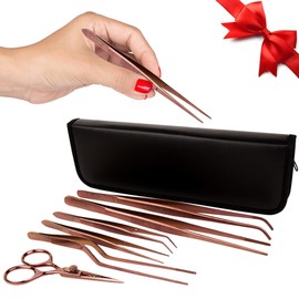 O'Creme Set of Culinary Tweezer Tongs Offset, Straight and Curved, Plus Super Sharp Chef Scissors, Total 6 Pieces (Rose Gold)