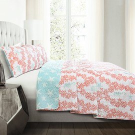 Lush Decor Dina 3 Piece Quilt Set, Full/Queen, Blue/Coral