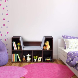 HONEY JOY Reading Nook Organizer with Seat Cushion, Kids Bookcase with Reading Nook, 6-Cubby Wooden Corner Storage Shelf Book Nook for Playroom Bedroom Decor (Brown)