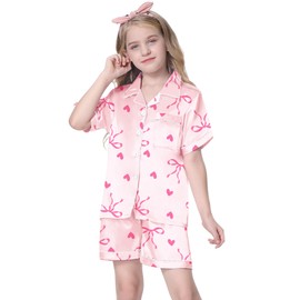Satin Pajamas Set for Girls Silk Button-up Sleepwear Loungewear Pjs, Heart Bow Pink, 11-12 Years