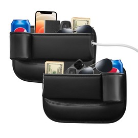2 Pack Car Seat Gap Filler Organizer with Cup Holders - Universal Fit LeatherStorage Box for Car,SUV,Truck -Preventltems from Dropping, Holds Phone, Keys,Sunglasses (Black, Driver & Passenger)