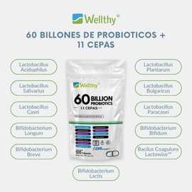 Wellthy Probioticos 60 Billones 11 Cepas. 120 Cápsulas 4 meses de Consumo, Cápsulas Veganas, DRcaps® Acción Prolongada, Bottle Free
