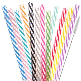 Dakoufish 12 Piece 10 Inch Reusable Plastic Thick Drinking Straws BPA Free Mason Jar Straws Transparent Small Stripe (10inch, Mix 12color)