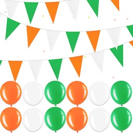 St Patricks Day Decorations Set - 6M St Patrick's Day Pennant Banner with 15Pcs Balloons, Irish Green White Orange Triangle Flags for St Patrick's Day Party Hanging Decorations