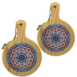 ChicHouse Set of 2 Mini Wooden Kitchen Chopping Boards with Handle Ideal for Small Appetizers, Cheese, Cold Meats or as Surface Saver and Trivet. (2, Blue Flower, Round 20.5 x 14.5 x 1 cm)