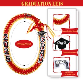 Ftyfty Graduation Leis Class of 2025 Grad Handmade Ribbon Lei Double Braided Ribbon Necklace with Grad Letters,47.2Inch (1, Red and Gold)