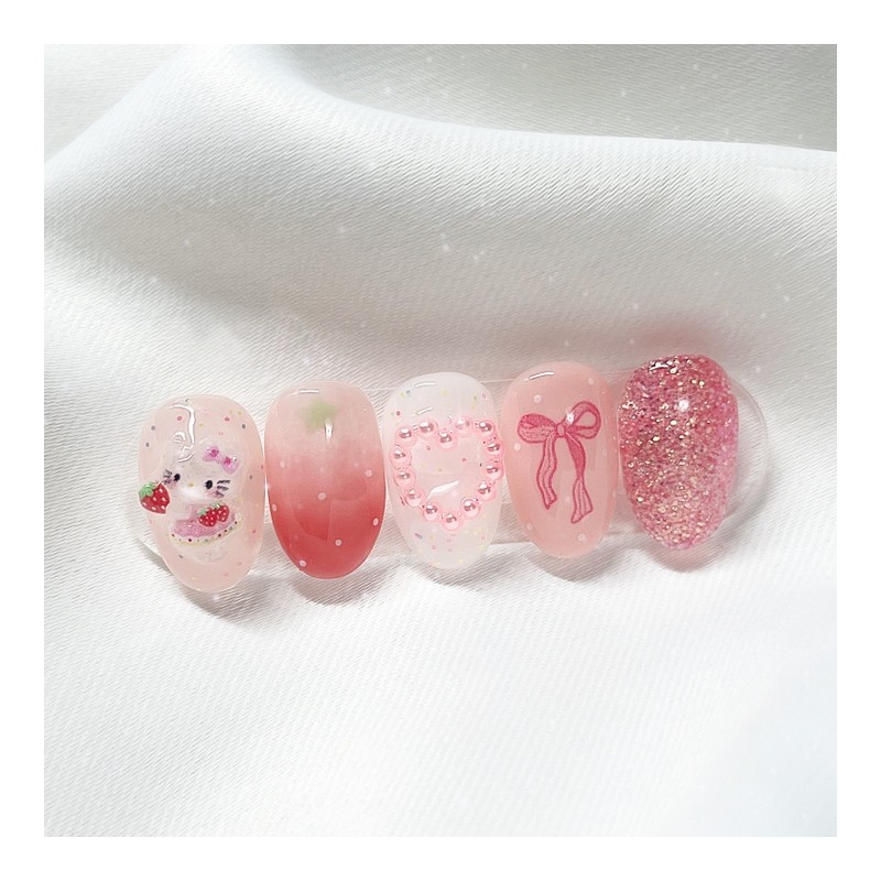 [Handmade Nail Tips] Hello Strawberry Nail Tips - Long Oval