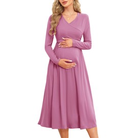 AISWI 2025 Maternity Nursing Dress with Pockets Long Sleeve V Neck Wrap A Line Pregnancy Midi Dresses Baby Showers, Solid, Plum, Medium