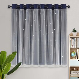 Kinryb Blackout Small Curtains for Girl Living Room/Classroom, Sheer Overlay 2 Free Tiebacks, Double Layer Curtains with Star Cutout for Kids Room(W 52 x L 45 Inches,Navy Blue 2 PCs)