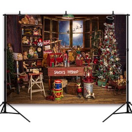 OUYIDA 9x6Ft Christmas Santa's Toy Shop Backdrop Vintage Cottage Wooden Window Xmas Tree Gifts Decor Snow Night Store Photography Background Banner Photo Studio Booth