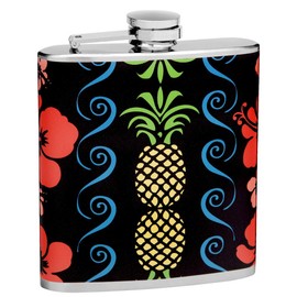 Hip Flask Holding 6 oz - Hawaiian Design - Pocket Size, Stainless Steel, Leak Proof, Screw-On Cap - Red, Blue, Black, Yellow, and Green Wrapped Vinyl Finish - Black Gift Box Included
